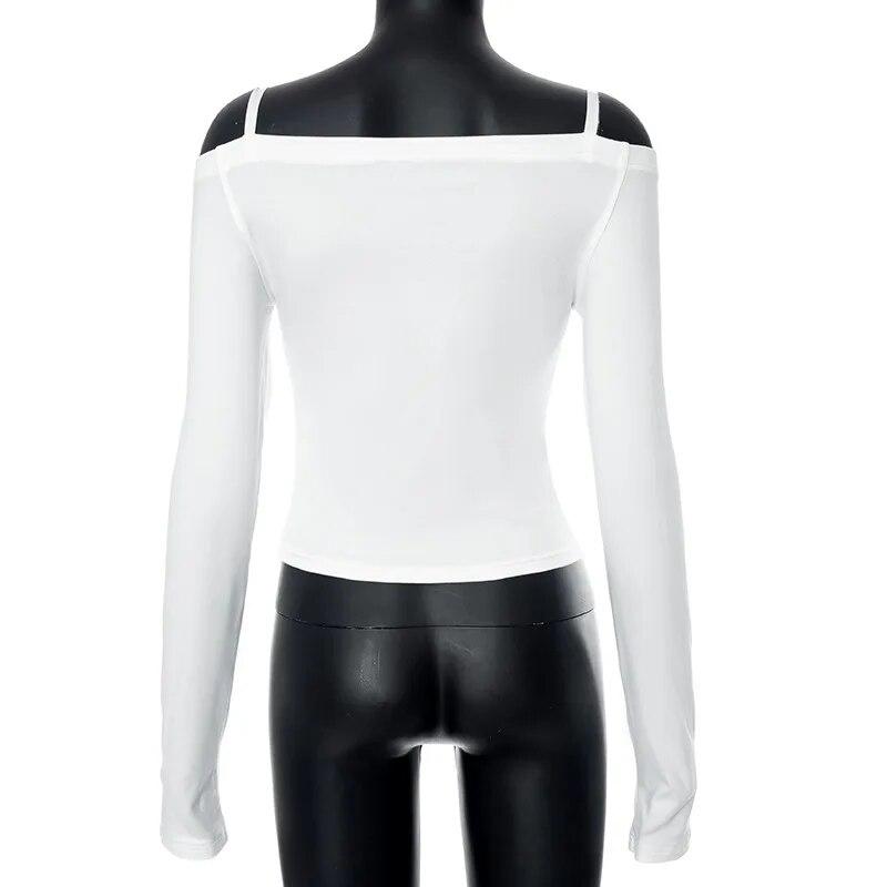 Off Shoulder Sexy Elegant Streetwear Tops Women Patchwork Bow Slim Vintage T-Shirt Female Lace Up Fashion Nightclub Y2K Clothes New