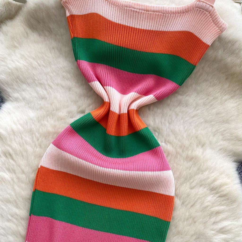 Summer Women Casual Spaghetti Strap Striped Knitted Sheath Sweater Dresses