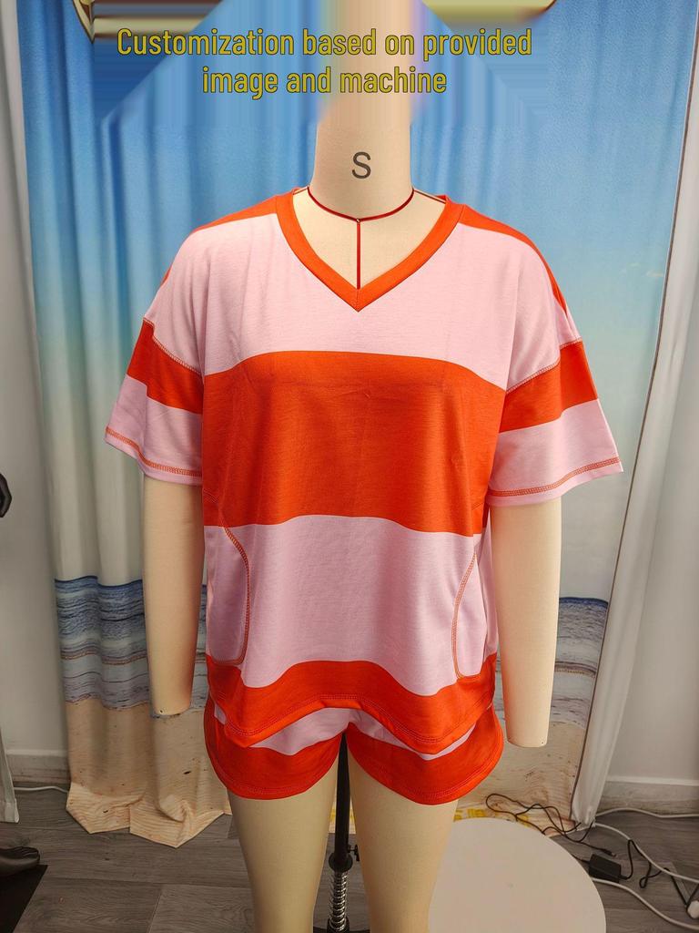Spring/Summer Women's Striped Short-Sleeve Top & Casual Shorts Two-Piece Sportswear Set
