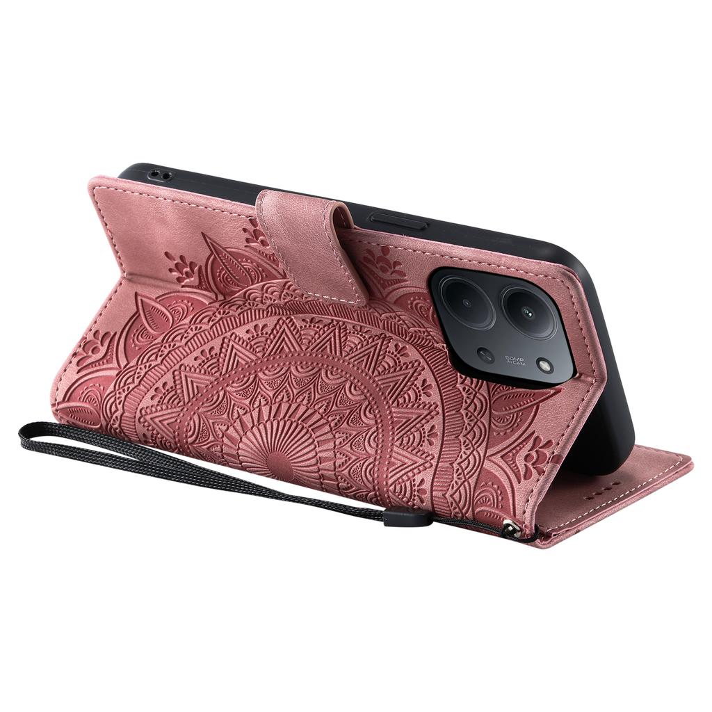 For Xiaomi Redmi 15C 4G (EU) (173mm) Case Imprinted Totem Skin Feel Wallet Leather Phone Cover with Hand Strap