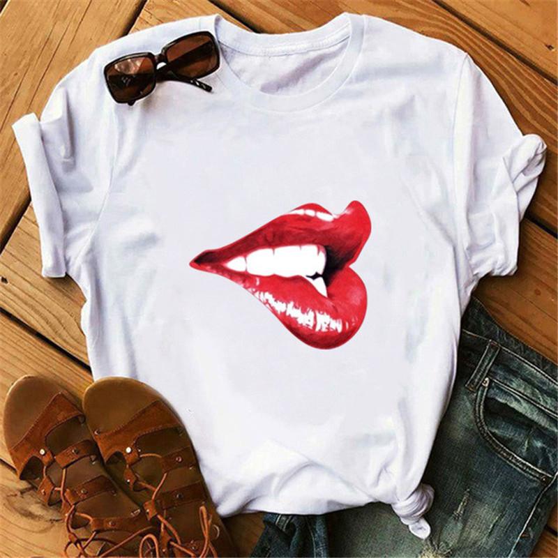 Women Summer T-shirt Red Lips Love Print White Crew Neck Short Sleeve T Shirts Casual Top For Girls