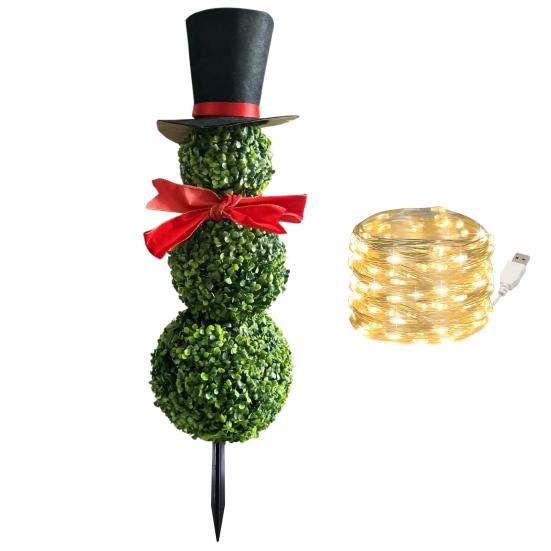Christmas Snowman Topiary Artificial Snowman Shaped Topiary Tree with Bow And Hat Outdoor Boxwood Topiary with Stake for Home Porch Decor
