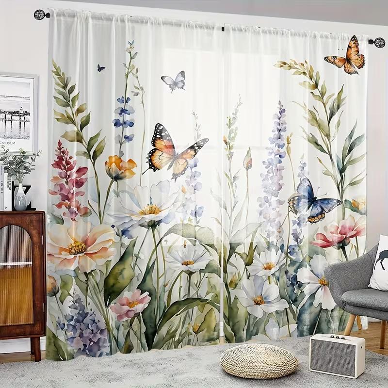 2 Pcs Butterfly Flower Print Curtains,suitable for Bedroom,living Room Kitchen Decoration,home Decoration,window Decoration