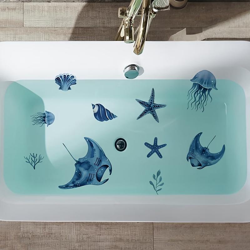 Blau Ton Meeresleben Glasaufkleber Badezimmer Waschbecken Dekorativer Aufkleber Wandaufkleber Selbstklebend Abnehmbar Hausdekoration