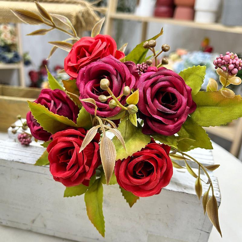 30Cm Long Artificial Flower 6 Pearls Roses Fake Flowers Premium Floral Bouquet Small Roses Silk Flowers