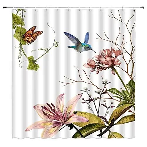 Tropical Plant Shower Curtain Watercolor Floral Hummingbird Green Leaves Botanical Jungle Sanitary Napkin Curtain Bathroom Decor