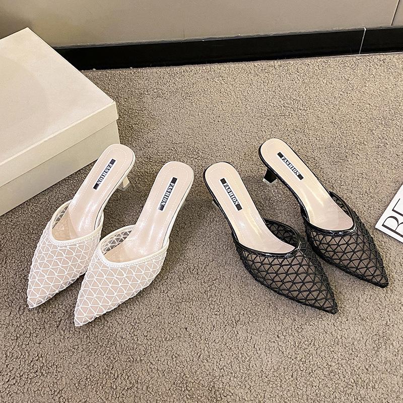 2025 spring and summer new bag head through the net sandals fairy style pointed high heels wear thin heels cool slippers