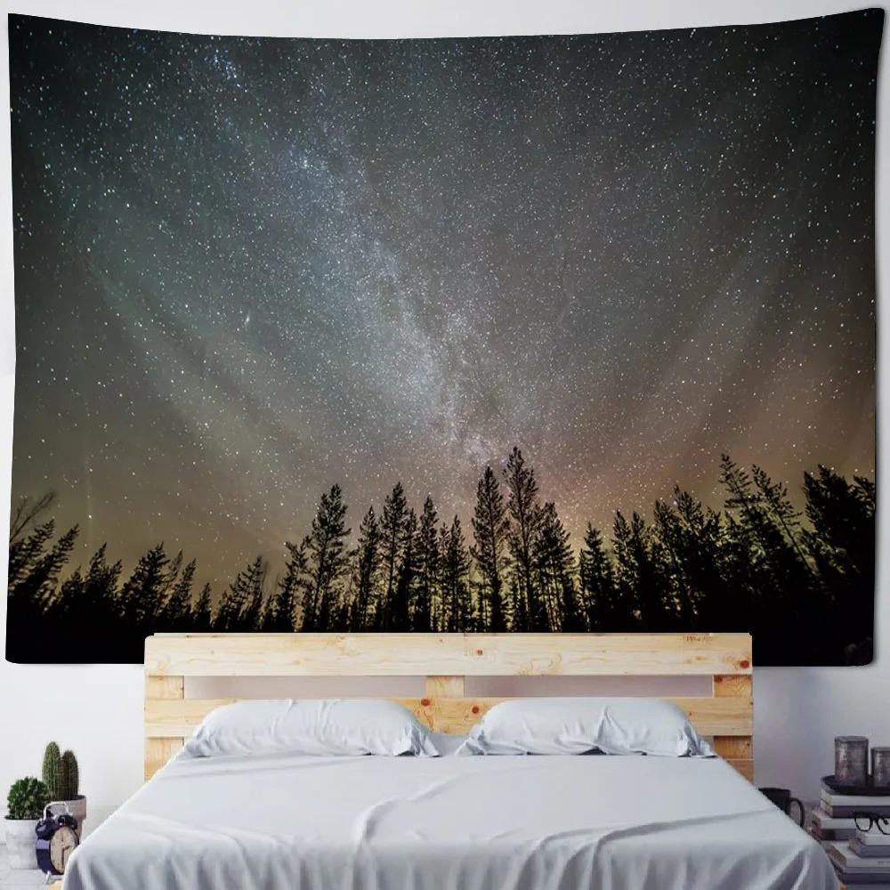

Background poster starry sky oil painting tapestry forest night fabric mural bohemian hippie home decoration wall hanging cloth 74x94cm(29x37in)