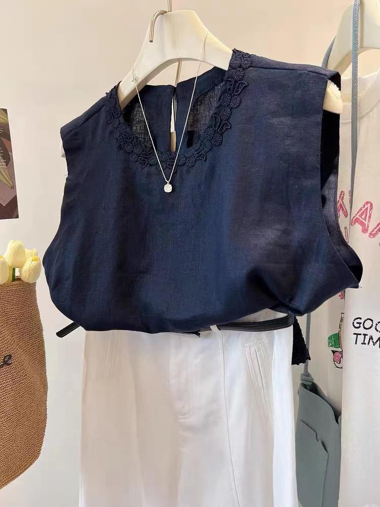 240 Jin Women's Sleeveless Lace Linen Vest – Heavy-duty, High-grade, Loose Round Neck Summer Top
