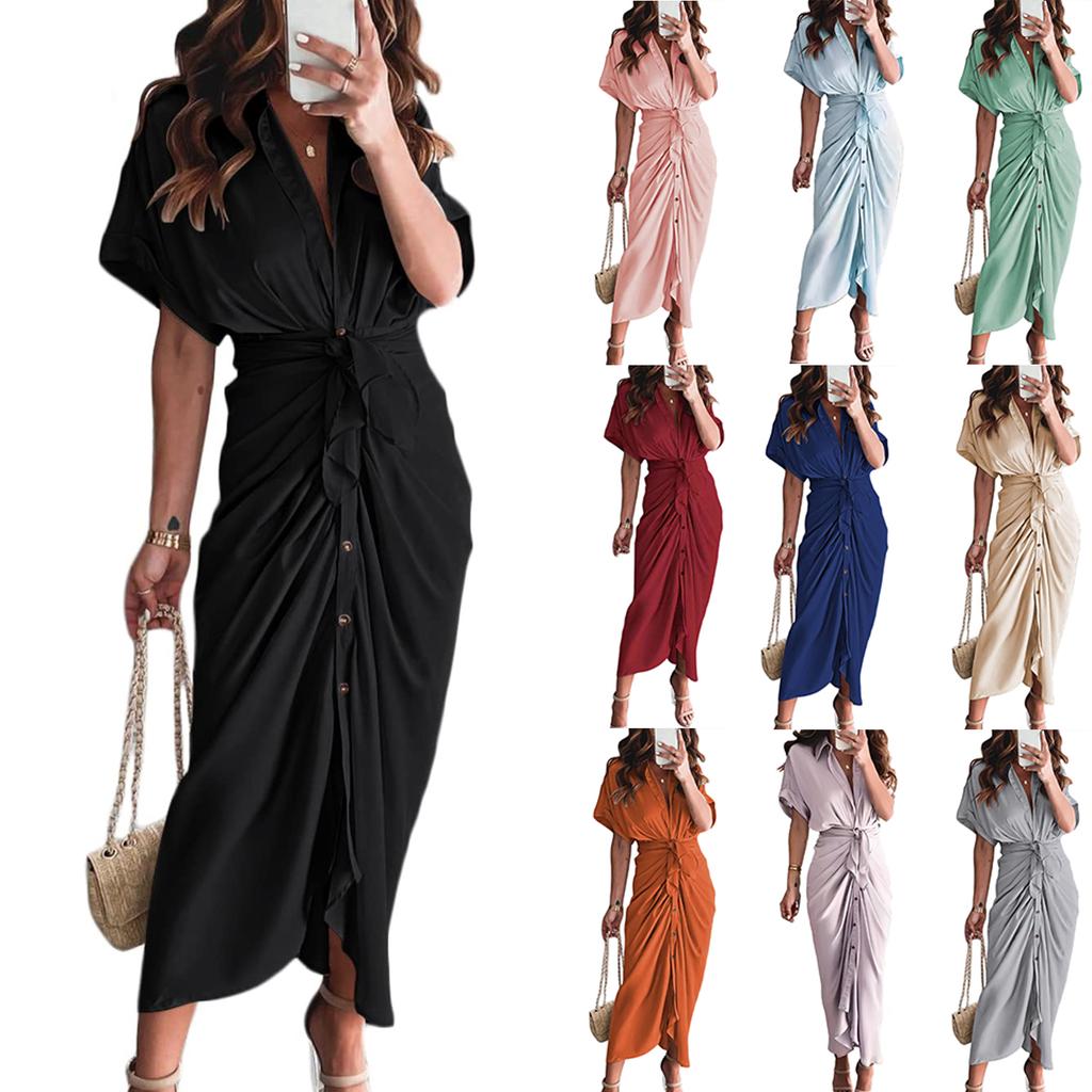 Women's Fashionable Casual Short-Sleeved Elegant High-Waisted Solid-Colour Dress
