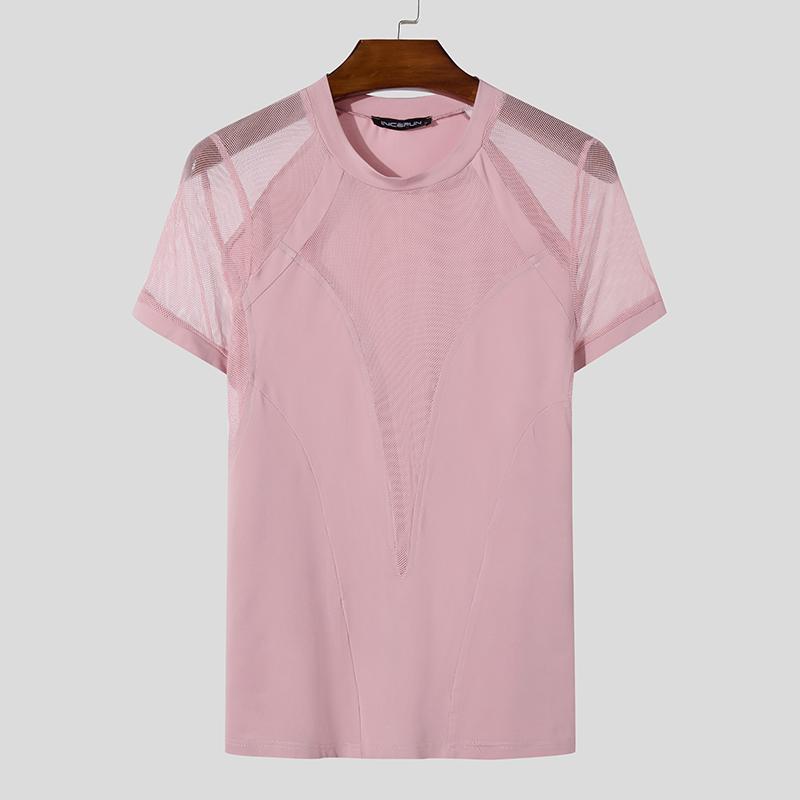 

INCERUN Мужская летняя сетчатая футболка с коротким рукавом в стиле пэчворк для вечеринок и клубов 2XL розовый