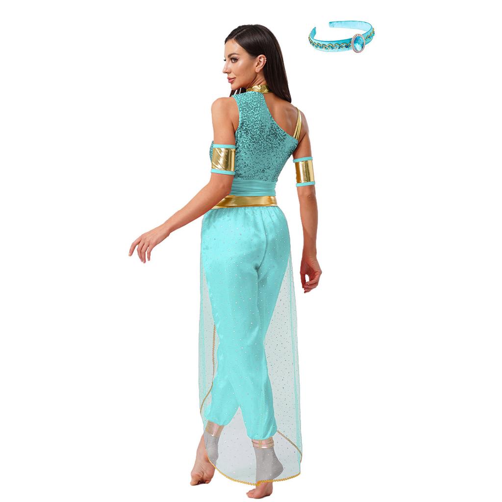 S-XXL Womens Arab Princess Cosplay Belly Dance Jumpsuit with Headwear and Detachable Sleeves Gem Decor Tulle Overlay Rompers Halloween Costume