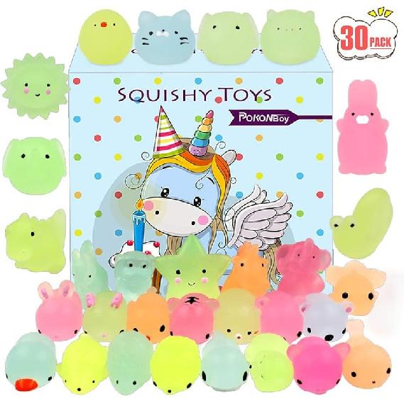 POKONBOY Mochi Squishy Toys Glow in The Dark for Party Favors - 30 Pack Mini Kawaii Cute Animal Squishies Stress Relief Squishy Animals Mochi Cat 30 Pcs Glow