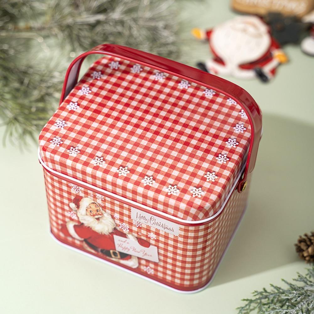 Cute Tinplate Christmas Tin Box Gift with Handle Gift Box Festival Ornaments Candy Jar