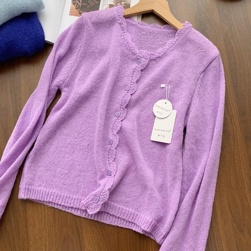 Women's Long Sleeve Cardigan Crew Neck Casual Knit Sweater Solid Color Soft Texture Knitwear Outerwear