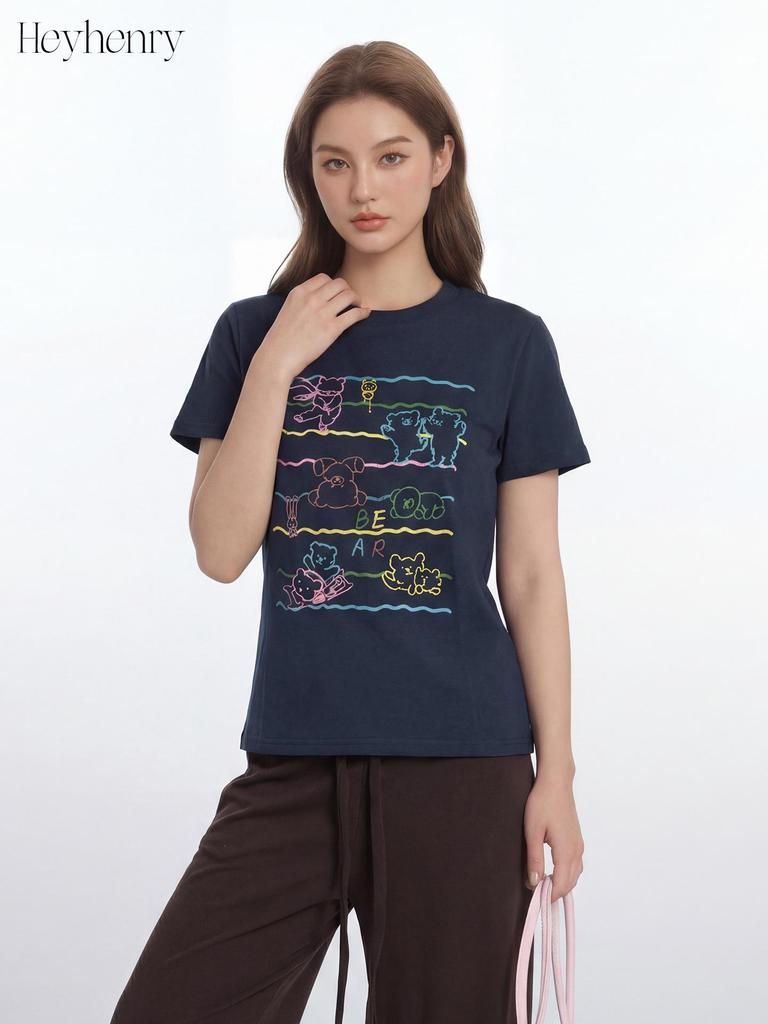 HeyHenry Women's Summer 2025 Cotton Print Short Sleeve T-shirt - Versatile Round Neck Casual Top