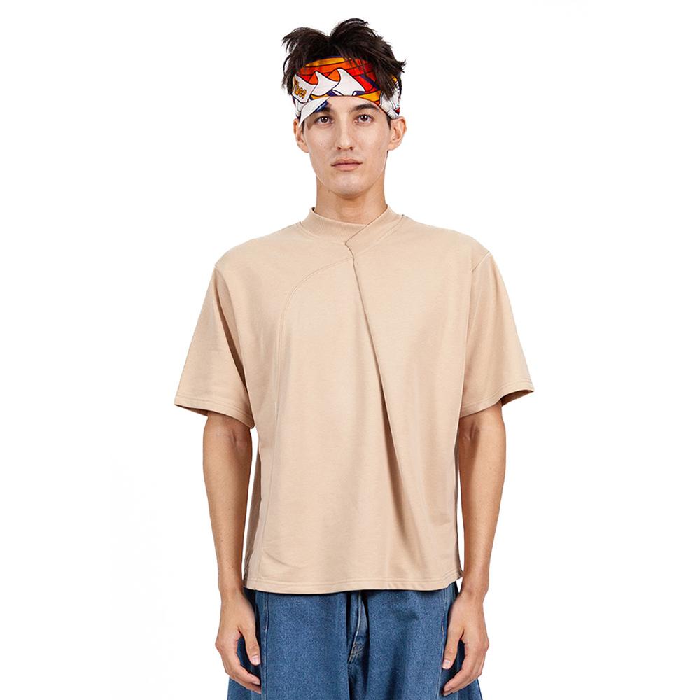 Milliu [Mxm1Uktss001Br]Front-Pleated Knit T-Shirt Short-Sleeve Brown-Beige/M