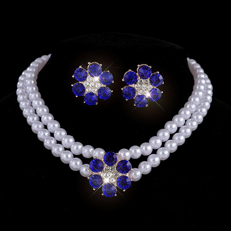

Diamond Flower Pearl Necklace Multilayer Clavicle Chain Choker Bridal Full Diamond Crystal Necklace Earrings Set