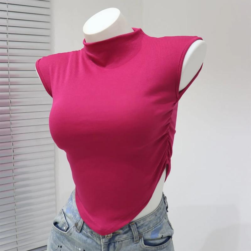 Top da donna magenta a collo alto senza maniche con spacco laterale, corto, aderente, casual, camicetta