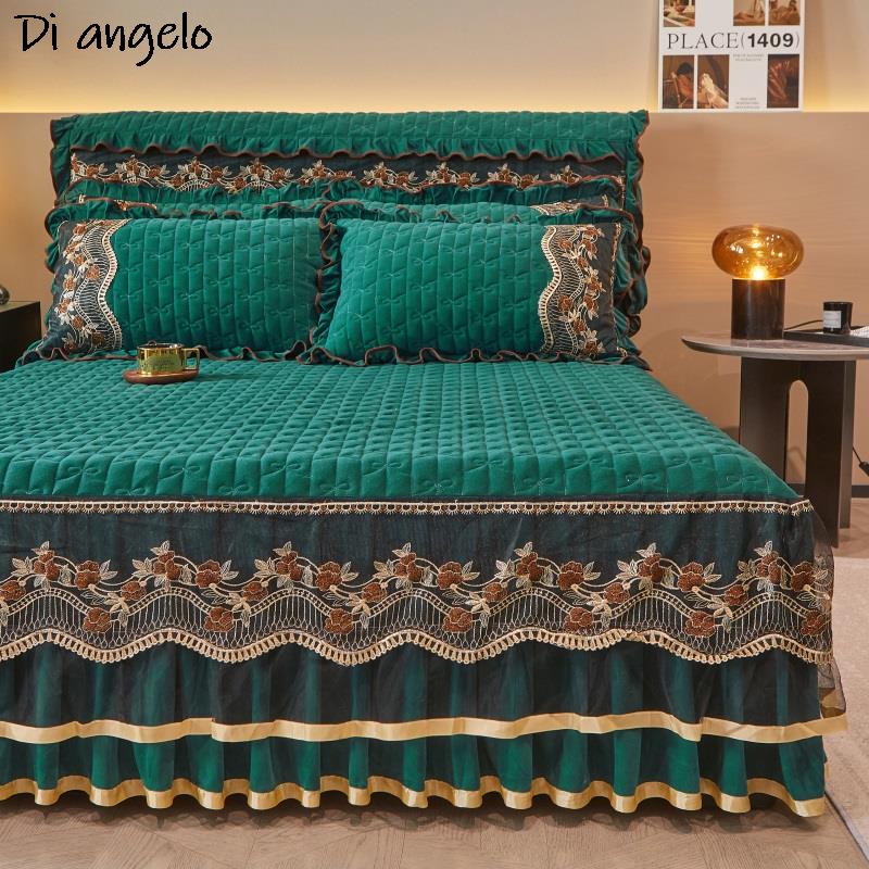1PC 180x200cm Farai Velvet Thickened Quilting Bed Skirt Embroidery Cotton Bedspread Pillowcase Mattress Cover King Queen #/L