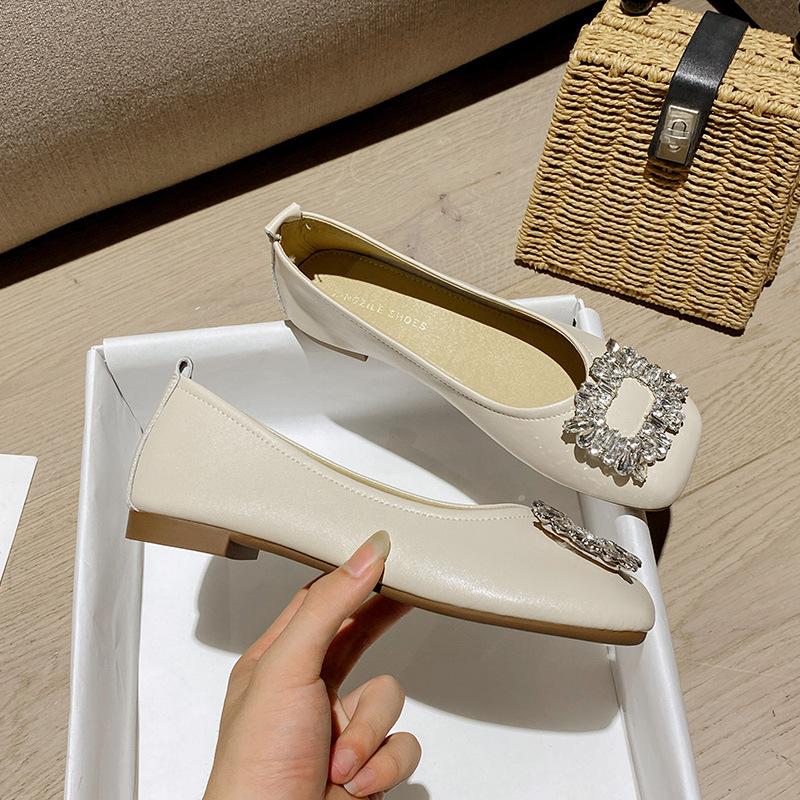 Leather single shoes women's flat shoes rhinestone buckle square head night breeze gentle shoes soft leather soft sole comfortable sheepskin grandm