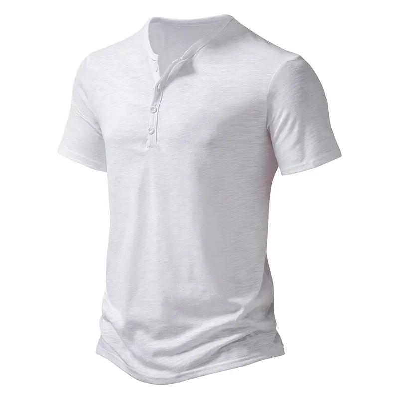 2025 Summer Men Short Sleeve T Shirt Men Fashion Henley Collar White Tshirt Mens Casual Slim Tops Tees Solid Color T-Shirt Man