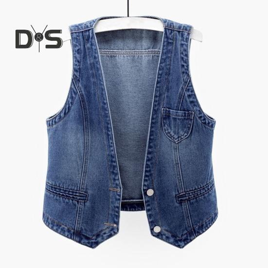 Dame dongerivest Ermeløs løs V-hals doble knapper Ensfarget vintage fast søm Hip Hop Streetwear Dame Høst Vårvest