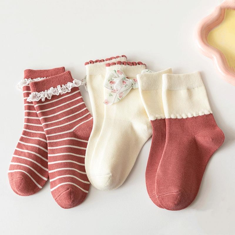 

3Pairs/Set Kids Girls Socks Sweet Lace Bowknot Ruffle Socks Stripe Print Socks Breathable Socks Autumn Spring M красный
