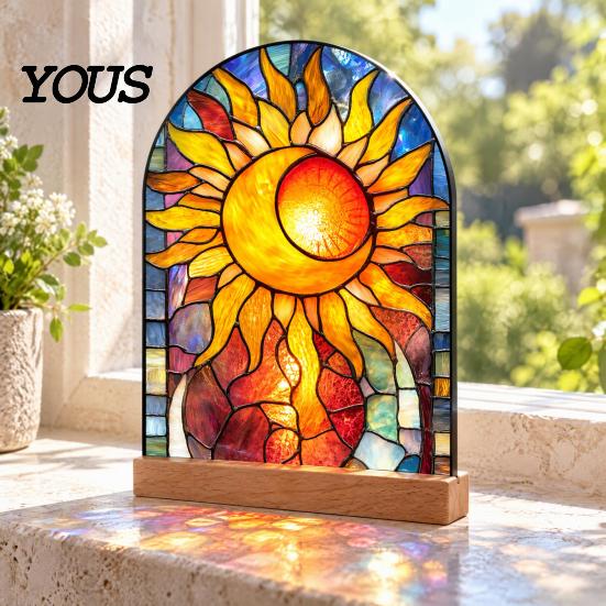 Stylish Interior Ornament Stained Glass Style Acrylic Table Centerpieces, Floral & Landscape Pattern Durable Desk Tabletop Sign with Wood Base