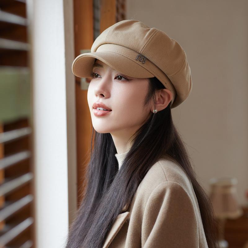 Autumn and Winter New Hat Women's Metal Letter M Standard Octagonal Hat Literary and Retro Face Newsboy Hat