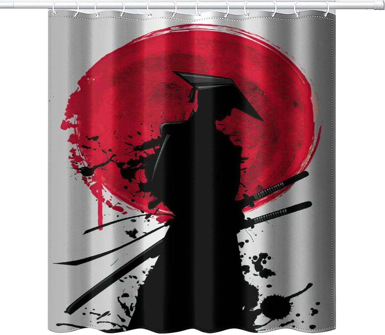 

Japanese Shower Curtain, Watercolor Style Red Sun Silhouette Ninja In Moonlight Medieval Theme National Folk Asian Print W60H190(CM)-1 Pcs