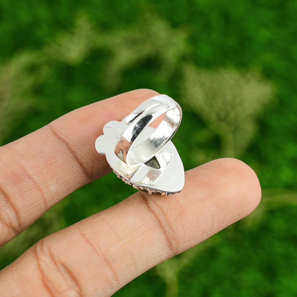 Natural Labradorite Gemstone Statement Blue Adjustable Ring 925 Sterling Silver