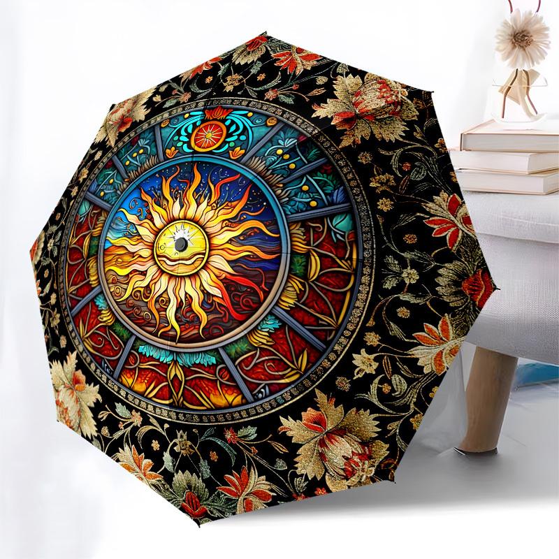 Sun MandalaThemed Automatic Opening and Closing umbrella - 8 Ribs, Suitable for Leisure and Going Out, Outdoor Accessory, Gothic Style, Fash