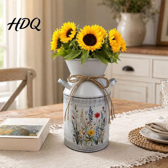Rose Display Bucket Vintage Iron Flower Bucket Rustic White Double-Handle Metal Vase