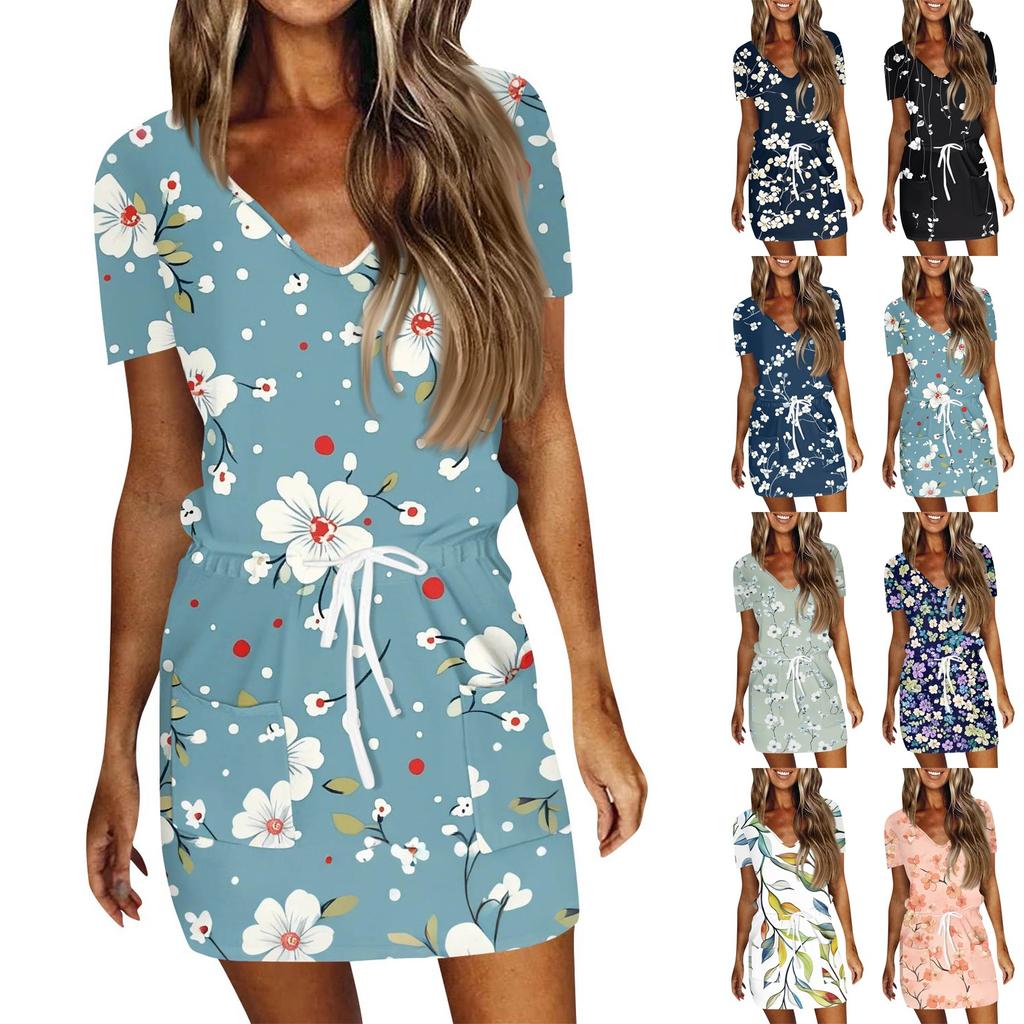 Women's Fashion Casual V-Neck Short Sleeve Drawstring Sequin Printed Dresses