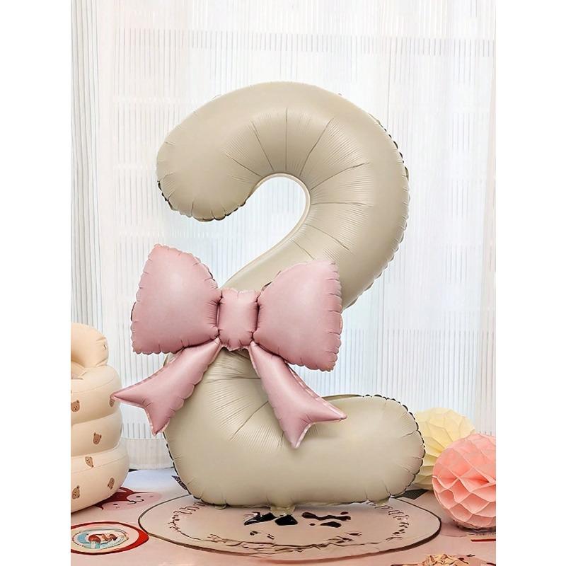 Extra Large Cream White Number Foil Balloons With Pink Bow, Suitable For Birthday Party Decoration, Anniversary Celebration