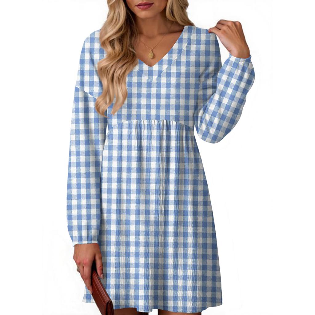 Women's Fashion Plaid Print V-Neck Long Sleeve Dress