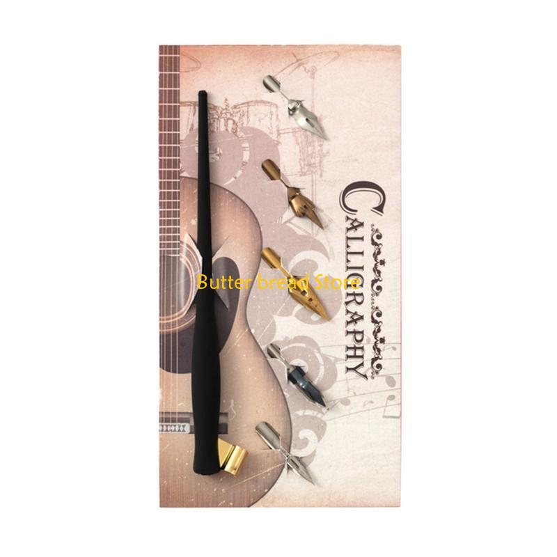 

W89C Antique Dip Pen Set 5 Replacement Nibs Wooden Calligraphy Pen for Beginners
