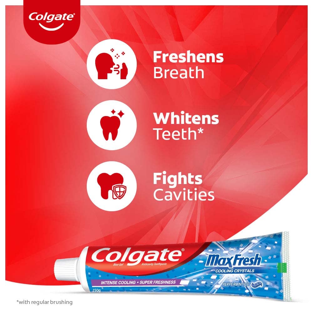 Colgate MaxFresh Breath Freshener Toothpaste, 600g (150g X 4), Peppermint Ice, Blue Gel Paste with Menthol, Cooling Crystals for Bad Breath Control