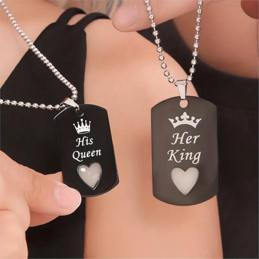 Collana con Ciondolo a Forma di Cuore d'Amore Luminoso in Acciaio Inossidabile, Corona 'Il Suo Re & La Sua Regina', per Donna, Coppia, Gioielli, Regali