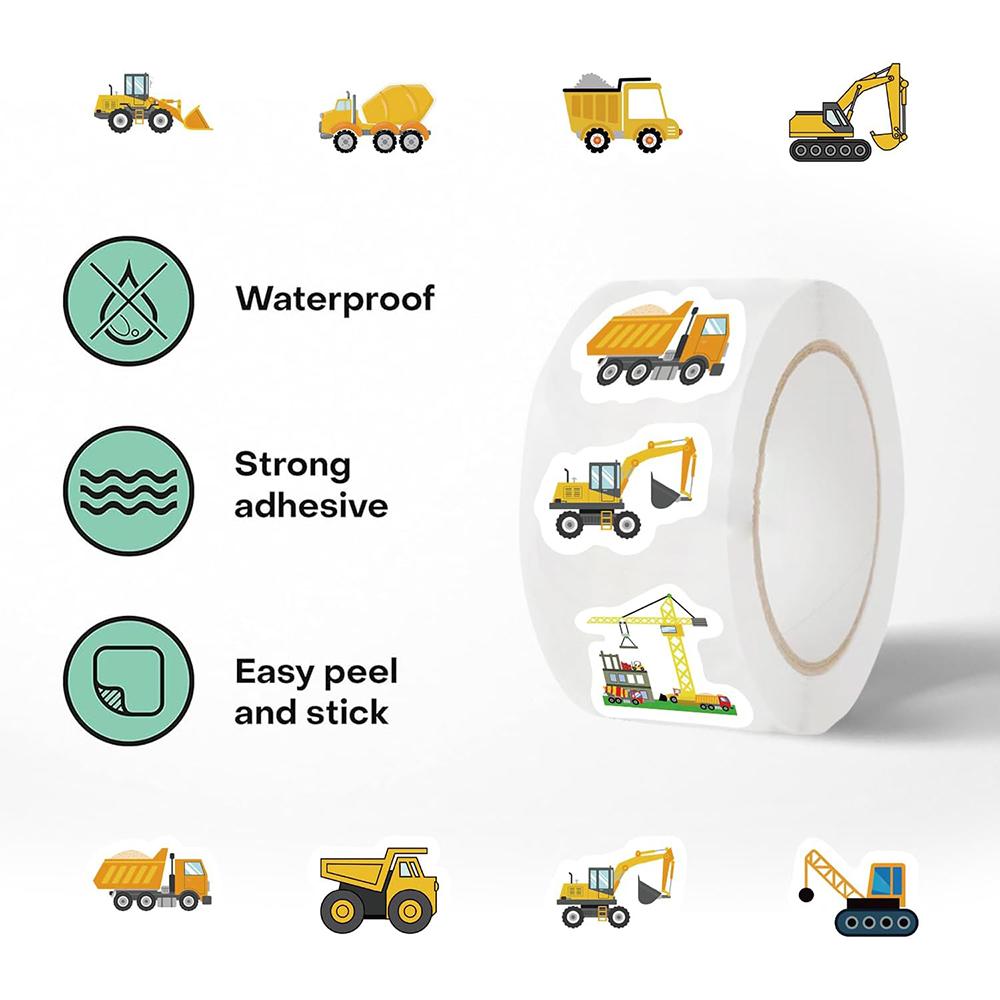 

500PCS Construction Stickers Roll 10 Styles Envelope Seals Sticker Cartoon Truck Stickers for Kids Excavator Stickers Constructi