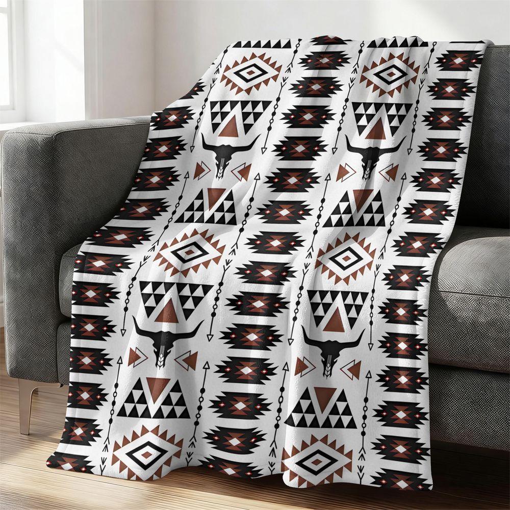 Southwestern Geometric Flannel Blanket Native American Style Longhorn Throw Soft Cozy Bed Sofa Blanket Perfect Gift Blanket 100cmx150cm