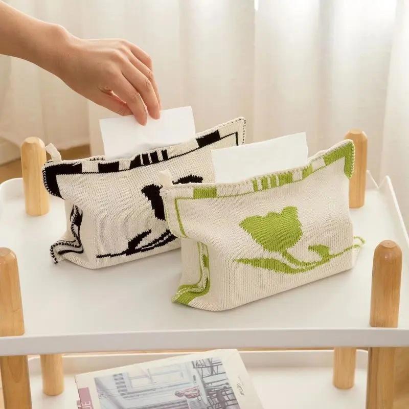 Nordic Knitting Tissue Box Modern American Living Room Hotel Table Tissue Box Car Tissue Holder Decorative Organizer Tissue Bag