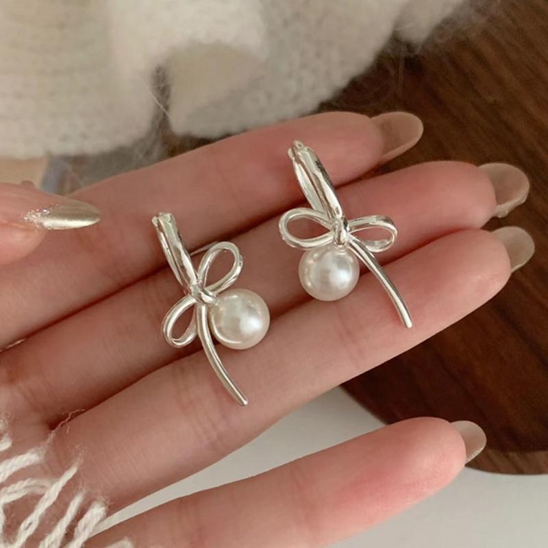 Elegant Butterfly Knot Earring Stylish Asymmetric Pearl Ear Piercing Ear Pendant Jewelry Ear Buckle Jewelry Accessories