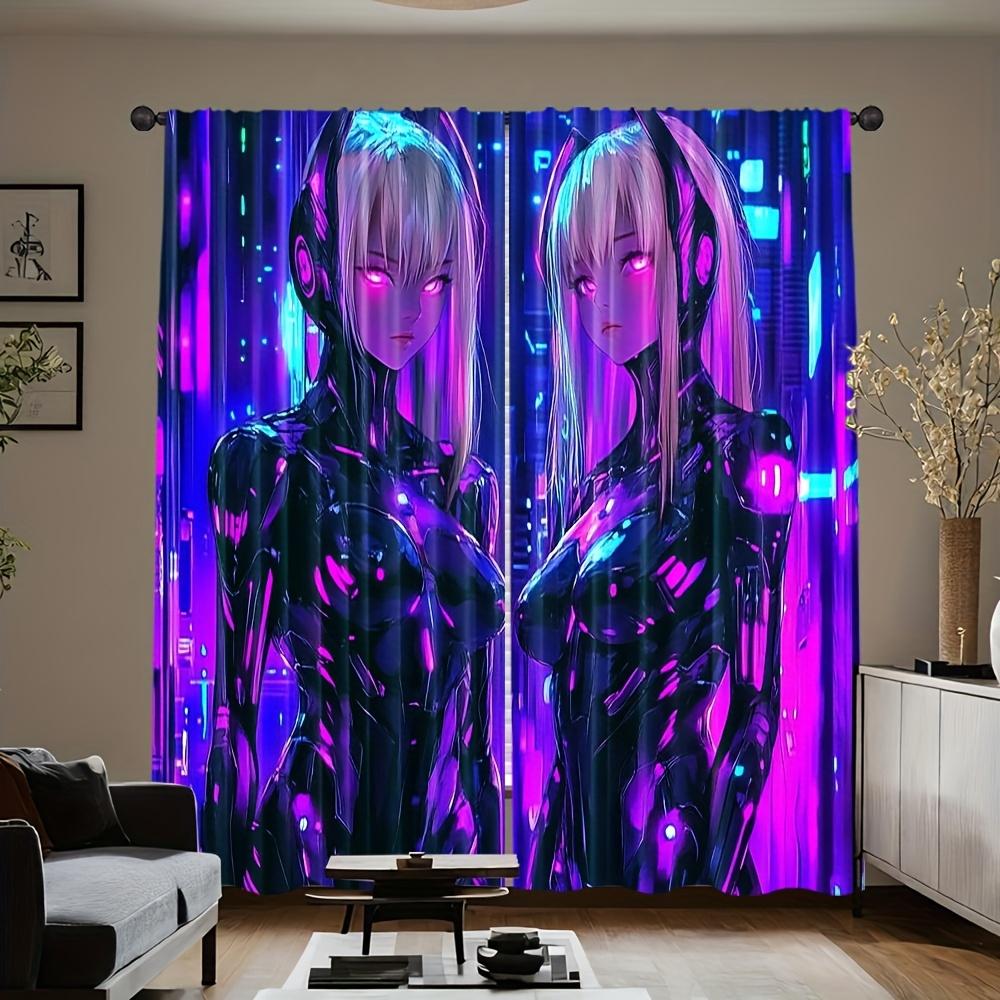 2pc Cyberpunk Anime Curtains – Neon Futuristic Design   Rod Pocket for Living Room   Bedroom & Office (Rod Not Included)