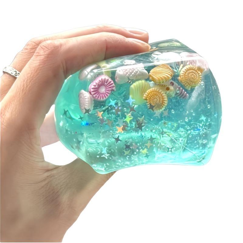 Aesthetic Blue Ice Cube Squishy - Cute Seashell Inclusions, Sensory Toy For Anxiety & Focus