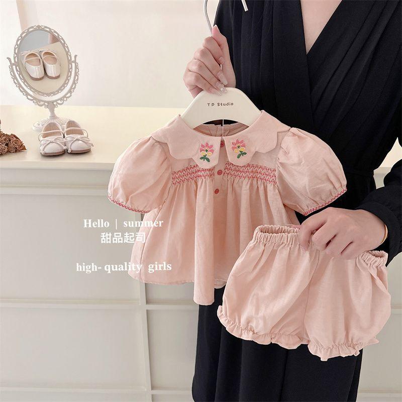 Sweet Pink Baby Girl Summer Set Embroidered Peter Pan Collar Top And Shorts Two Piece Outfit For Toddlers