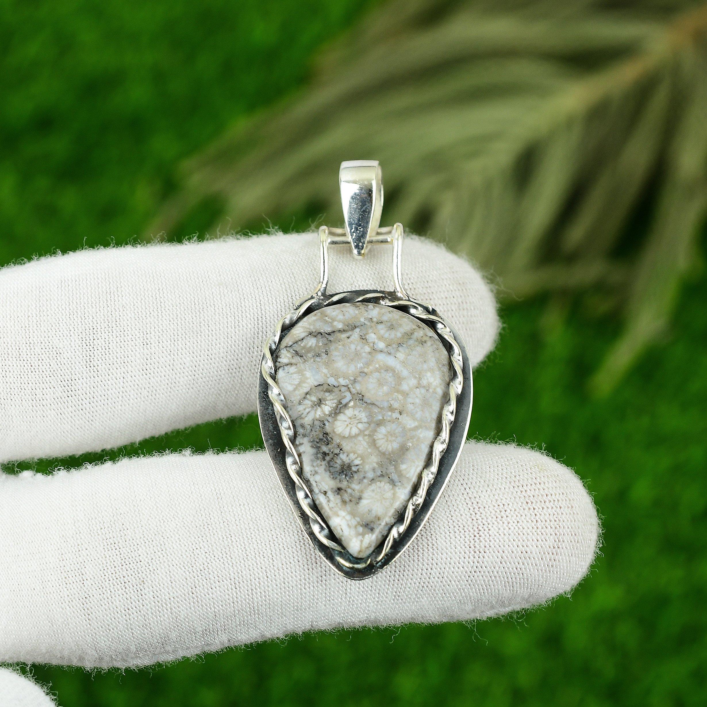 

Pear Fossil Coral Stone Sterling Silver Wedding Bezel Anniversary Ethnic Pendant