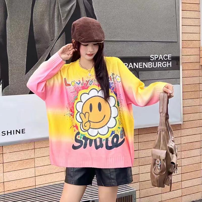 Women's Retro Floral Sun Print Sweater - Trendy Street Style Loose Knitwear