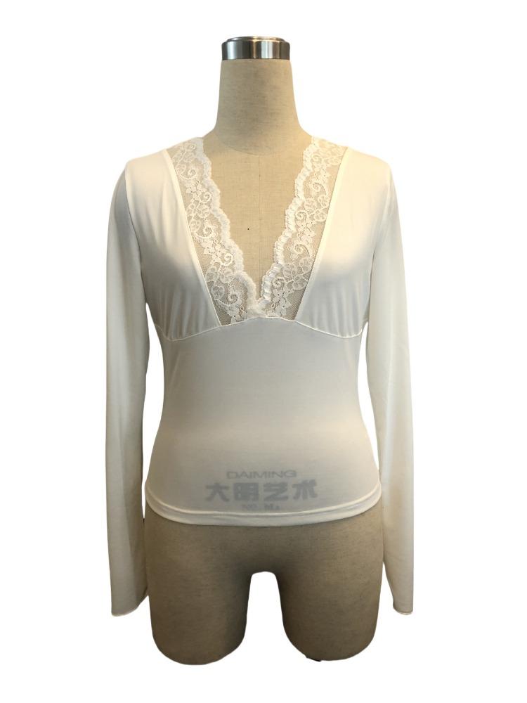 V-Neck Splicing Lace Floral Sexy Hotties Long Sleeve Slimming T-Shirt Versatile Closet Essential Fashion Items Shirt